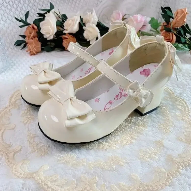 2024 Lolita Style Round Toe Mary Jane Pumps – Cute Bow Midi Heels for Women, Sweet Party PU Shoes