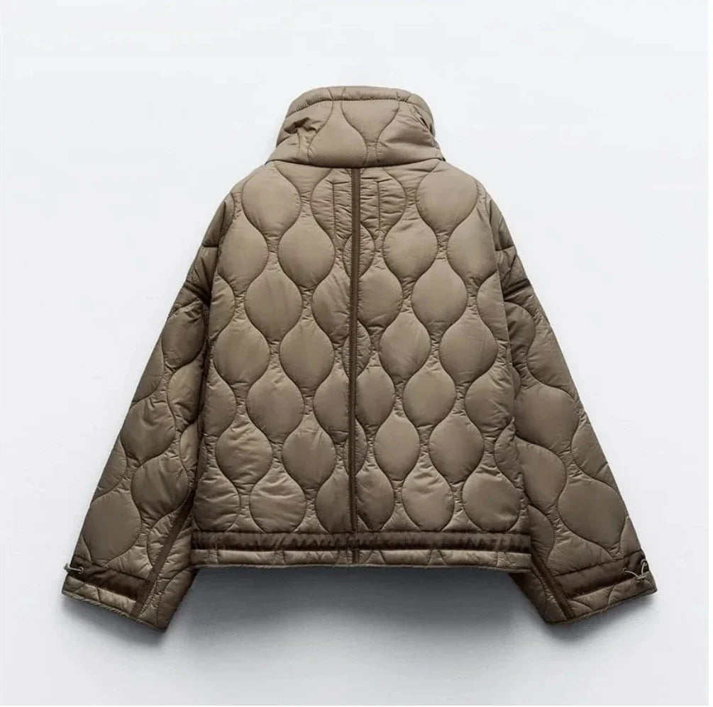 2024 ETJ Quilted Women's Coat – Beige Drawstring High Neck Jacket with Ties & Pockets