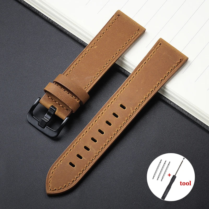 Calfskin Genuine Leather Watch Band – Black, Blue & Dark Brown Straps for Smartwatches, 18mm-24mm Accessories
