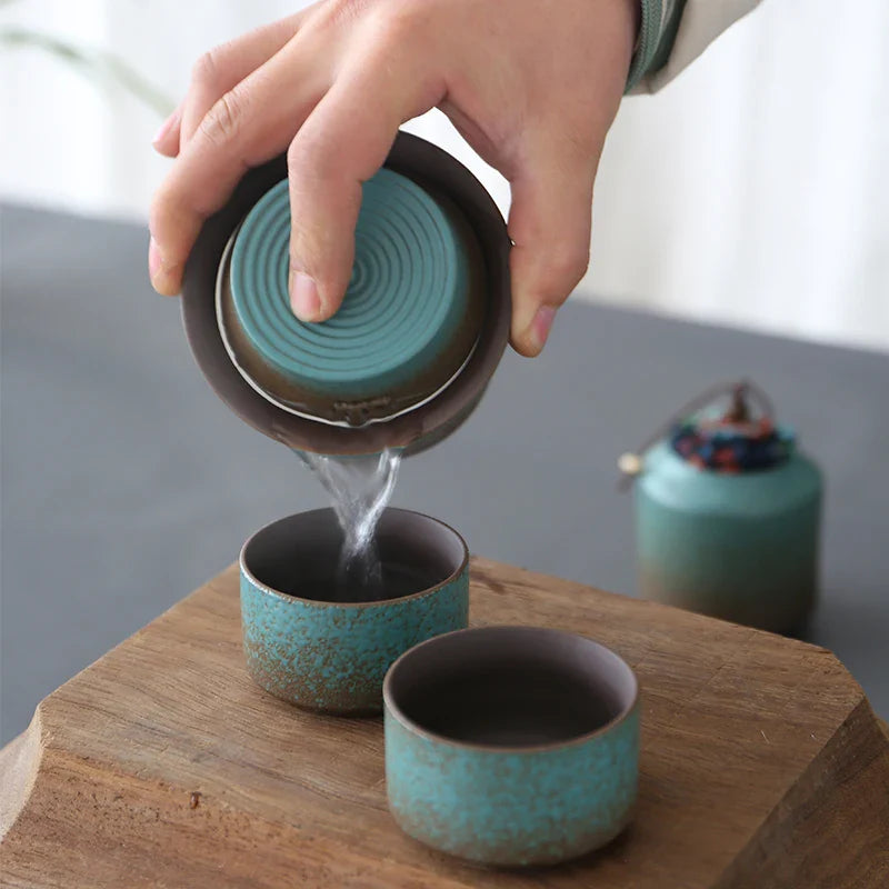 Kiln-Change Vintage Spring Green Pottery Tea Set – 1 Pot & 4 Cups, Simple Small Set for Outdoor or Tea Room