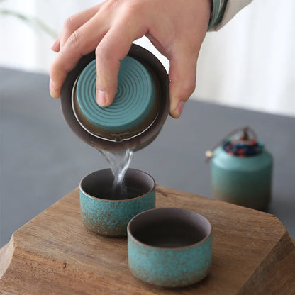 Kiln-Change Vintage Spring Green Pottery Tea Set – 1 Pot & 4 Cups, Simple Small Set for Outdoor or Tea Room