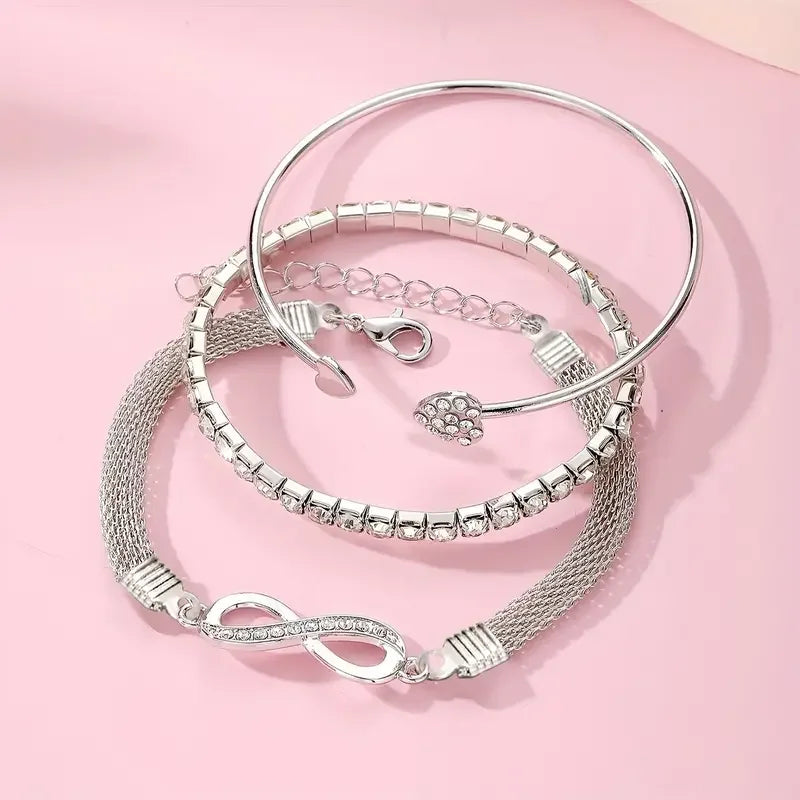 3PCS Vintage Crystal Rhinestone Heart Bracelet Set – Adjustable Infinity Cuff Bangles for Women Fashion Jewelry Gift