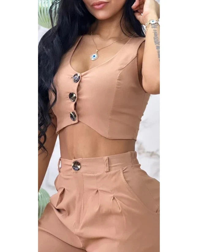 Women’s 2024 Summer Two-Piece Set – Sexy Buttoned Crop Vest & High Waist Wide Leg Pants, Casual Elegant Outfit