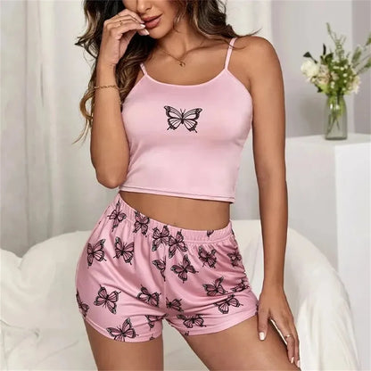 Women's 2-Piece Camouflage Pajama Set - Butterfly Print Tank Top and Casual Shorts