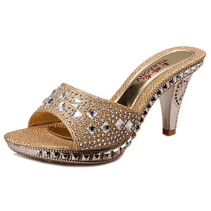 Women’s Summer Rhinestone High Heel Sandals – Sexy Gold & Silver Heeled Shoes