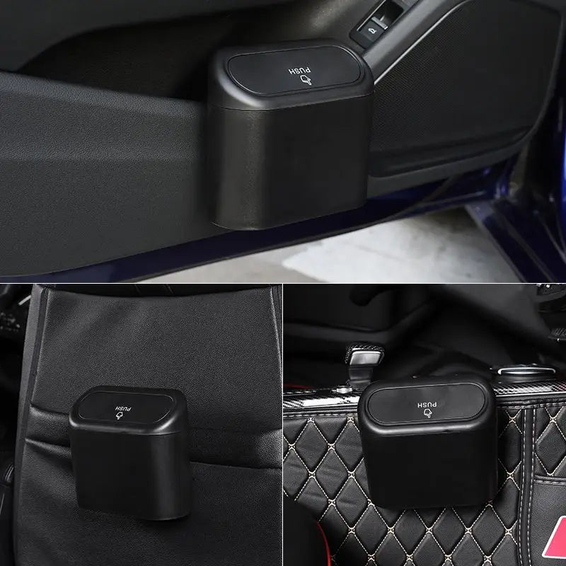 Universal Car Clamshell Trash Bin Organizer - Hanging Vehicle Garbage Dust Case Storage Box in Black ABS - Square Pressing Trash Can