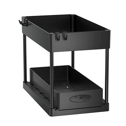2-Tier Under Sink Organizer - Sliding Cabinet Basket with Hooks, Hanging Cup for Bathroom and Kitchen Storage