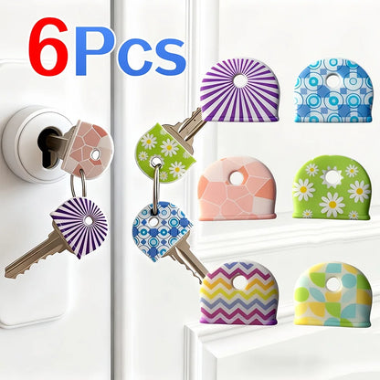 6Pcs Silicone Key Covers - Round Flower Pattern Non Slip Key Identifier and Protective Keychain Accessories