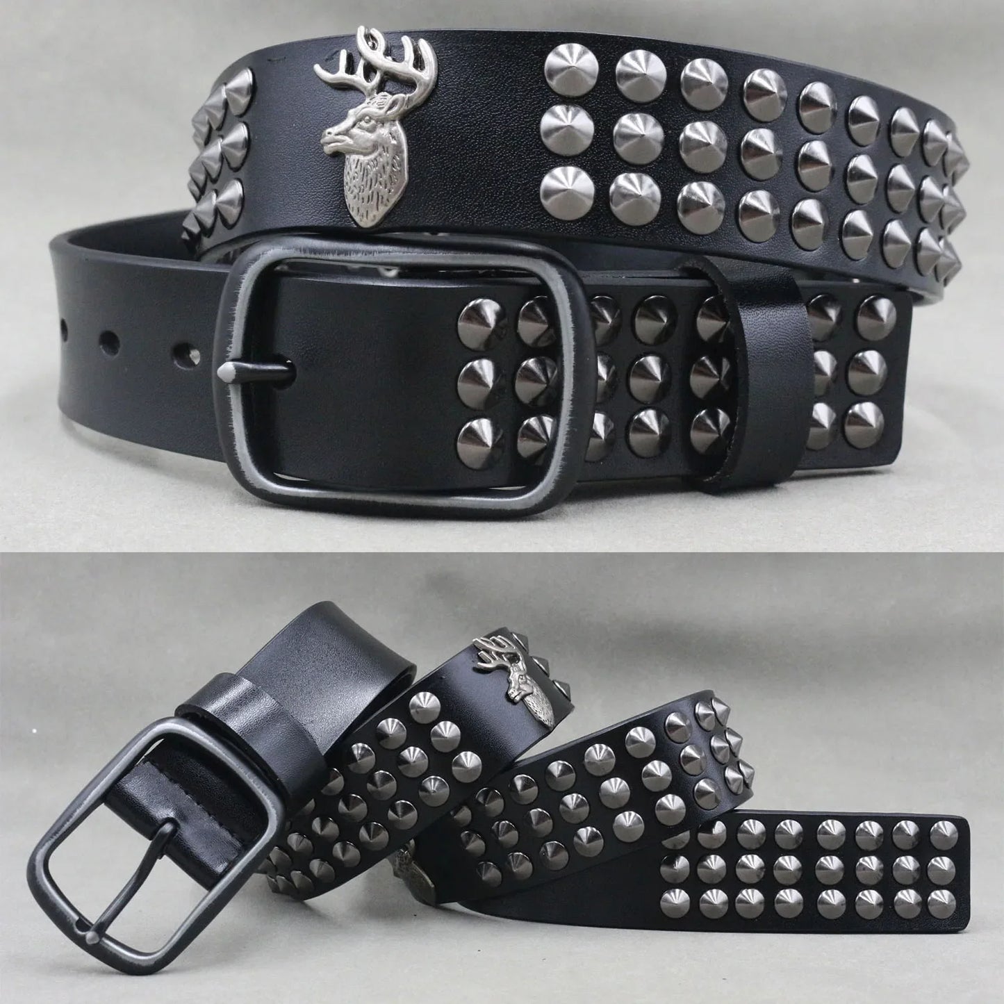 Men’s Designer Rivet Belt – Genuine Cowhide Leather Punk Rock Pin Belt for Jeans, Luxury Black Leather Belt