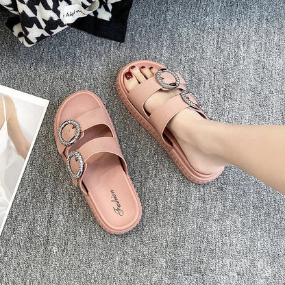 Women’s Thick Sole Sandals – Adjustable Strap Flat Flip Flop Open-Toe Beach Slides for Summer Outdoors