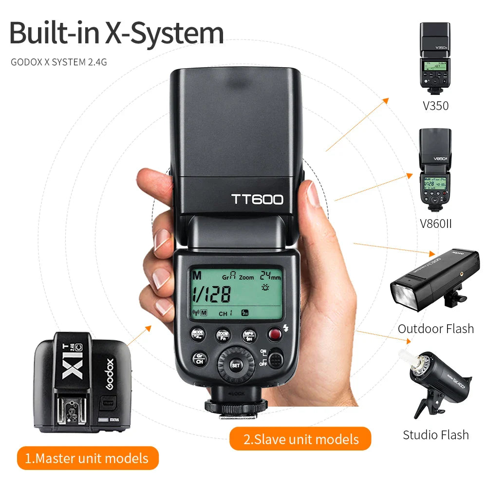 Godox TT600 2.4G Wireless TTL Speedlite + X2T Trigger — Compatible with Canon, Nikon, Sony, Fuji, Olympus