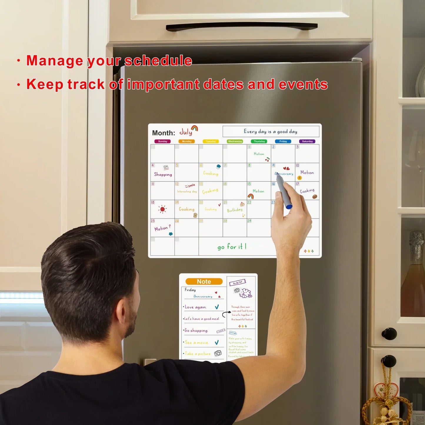 Magnetic Fridge Calendar — Monthly & Weekly Planner Whiteboard with Pen, Dry Erase Message & Sticker Board