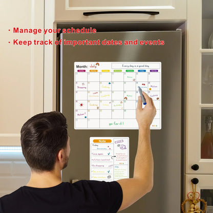 Magnetic Fridge Calendar — Monthly & Weekly Planner Whiteboard with Pen, Dry Erase Message & Sticker Board