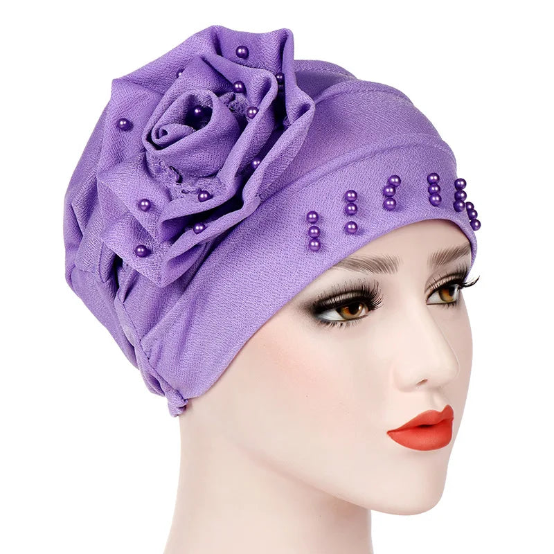 2024 Pearl Embellished Muslim Turban Beanie for Women – Elastic Hijab Headwrap with Flower Chemo Cap