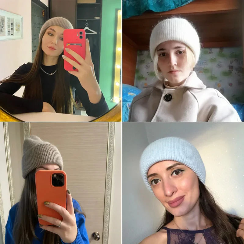 Women's Real Rabbit Fur Winter Hat - Fashionable Warm Beanie, Solid Color Adult Head Cover Cap