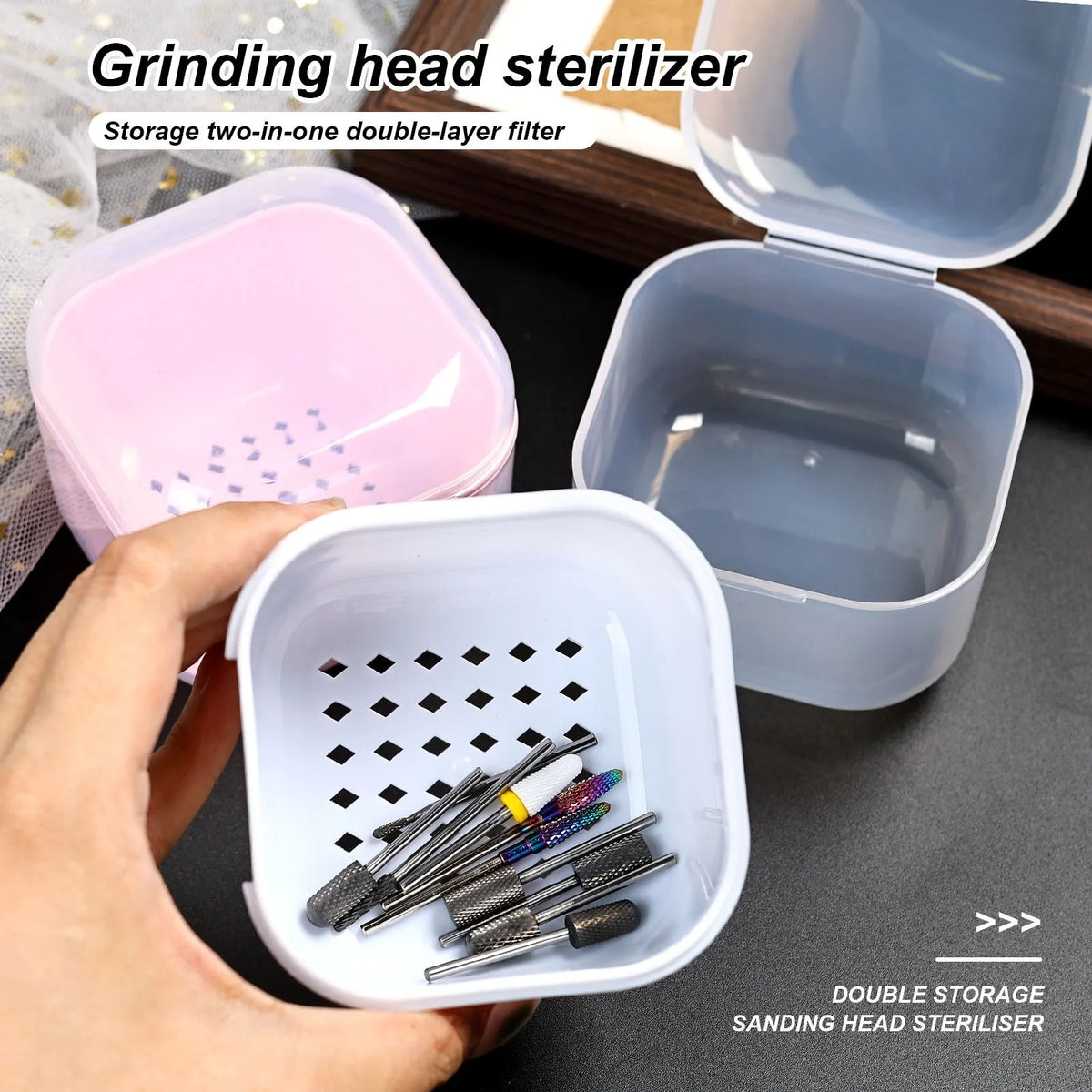 Nail Drill Bit Cleaning Box - Double-Layer Filter Storage Case for Manicure Tools