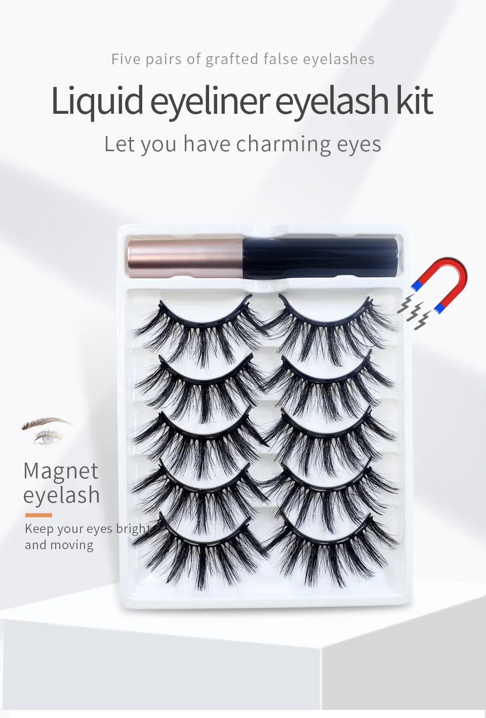 REDSIREN 5 Pairs Magnetic Eyelashes with Eyeliner – Reusable Thick Natural False Lashes