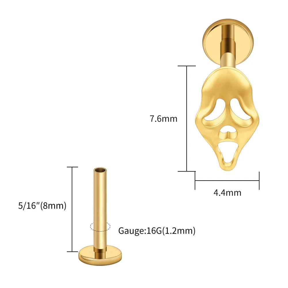 Right Grand ASTM F136 Titanium 16G Ghost Face Flat Back Earring – Halloween CZ Cartilage Stud for Helix, Labret & Nose Piercing Jewelry