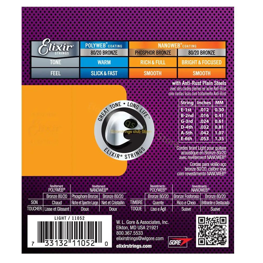 Elixir Acoustic Guitar Strings - 80/20 Bronze Nickel for Electric Play, Ideal for Popular Music and Rock (11002, 16052, 16027, 11-52)