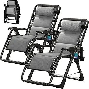 Set of 2 Zero Gravity Outdoor Lounge Chairs – Reclining Patio Sun Loungers with Cushion, Headrest & Cup Holder