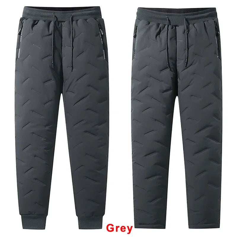 Men’s Winter Down Cotton Pants — Waterproof Thickened Wool Jogger with Zipper Pockets, Warm Outdoor Ski Pants, 7XL