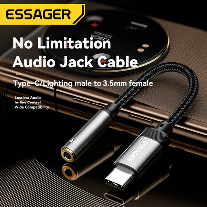 Essager 2-in-1 Audio Adapter – Lightning & USB-C to 3.5mm Jack for iPhone, Xiaomi, OnePlus, OTG Aux Cable