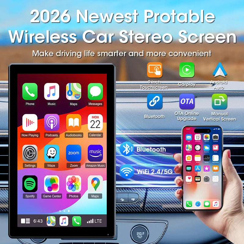 7–9" Universal Car Mirror Screen – Wireless CarPlay & Android Auto Multimedia Player with Portrait/Landscape Support
