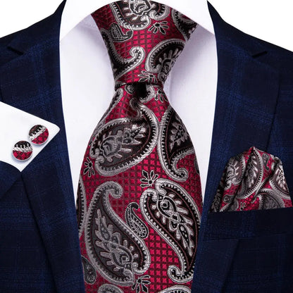 Hi-Tie Red Burgundy Plaid Silk Tie Set — Designer Men’s Necktie with Handkerchief & Cufflinks for Wedding or Business