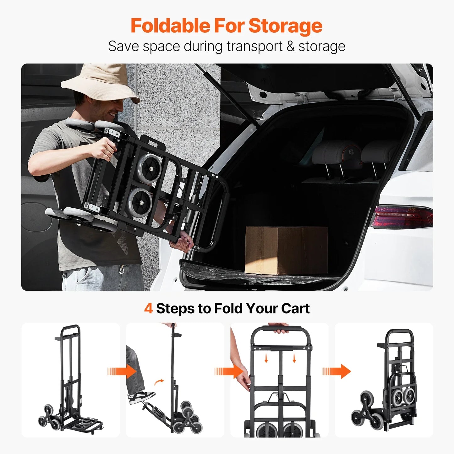 VEVOR 460 lbs Stair Climbing Folding Hand Truck – 6-Wheel Dolly with Handle & Elastic Ropes for Shopping, Moving, Warehouse