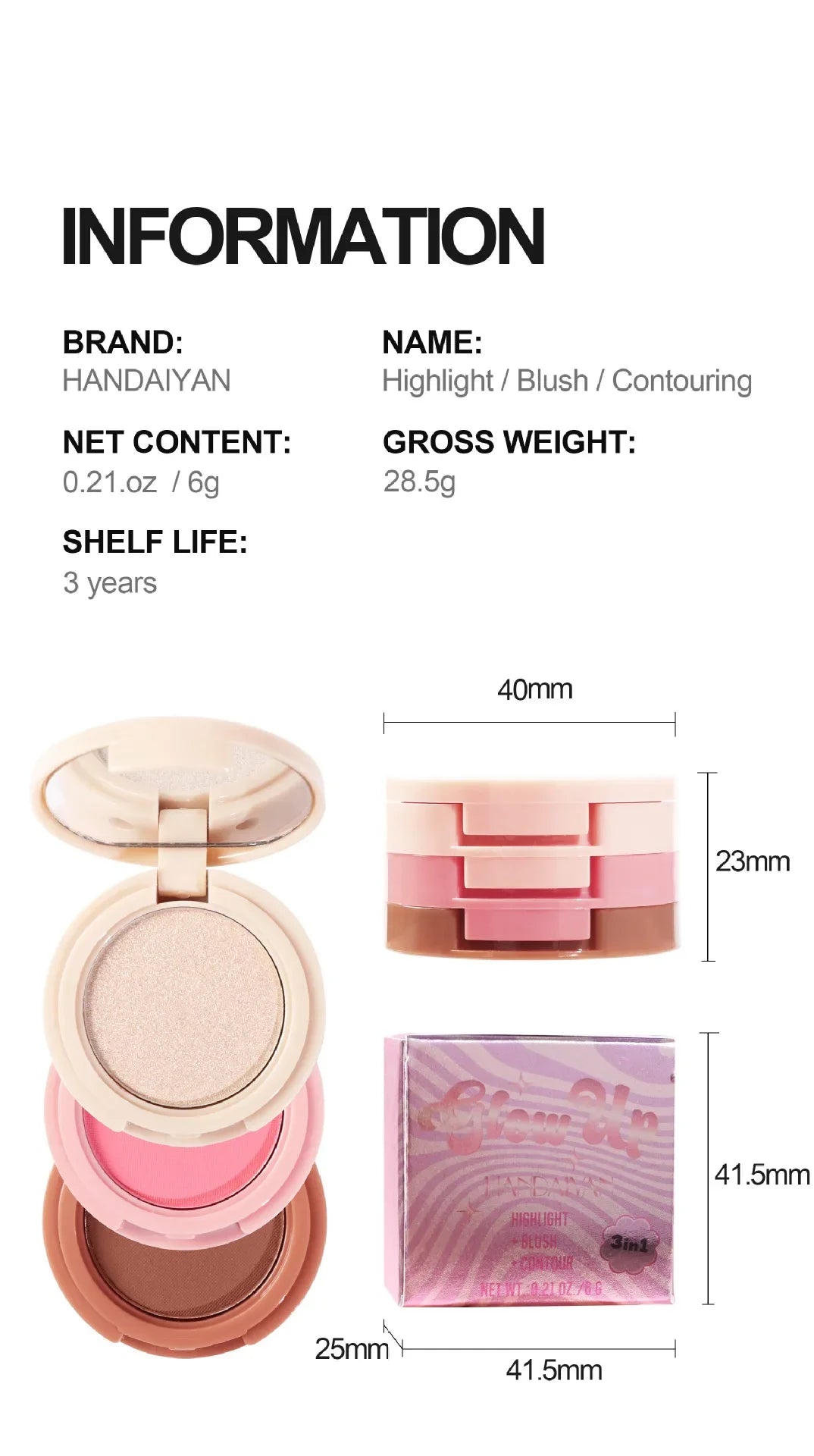 Handaiyan 3-in-1 Eyeshadow, Highlighter & Blusher Palette – Moonlight Stone Glitter Powder for Face & Nose