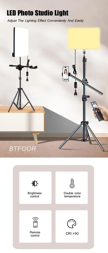LED Photo Studio Video Fill Light Panel – 3000K-6500K Adjustable with Tripod Stand & Long Arm, EU Plug for Live Streaming