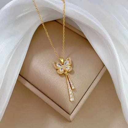 Exquisite Micro Inlaid Zircon Butterfly Tassel Necklace – Titanium Steel, Perfect Gift for Fashion-Forward Women