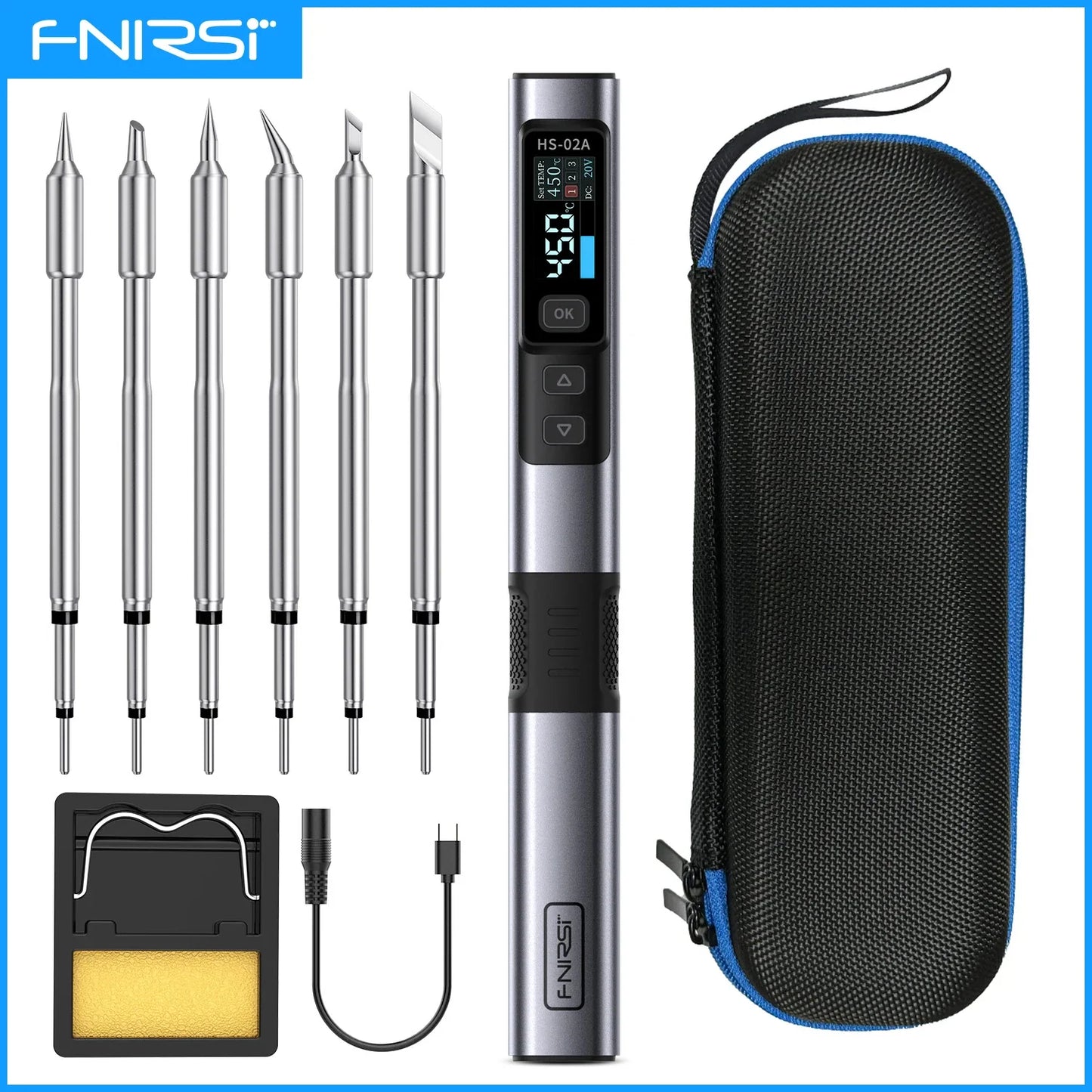 FNIRSI HS-02 Adjustable Temperature Soldering Iron – 20V 100–450℃ 100W Portable Welding & Repair Rework Station Tool