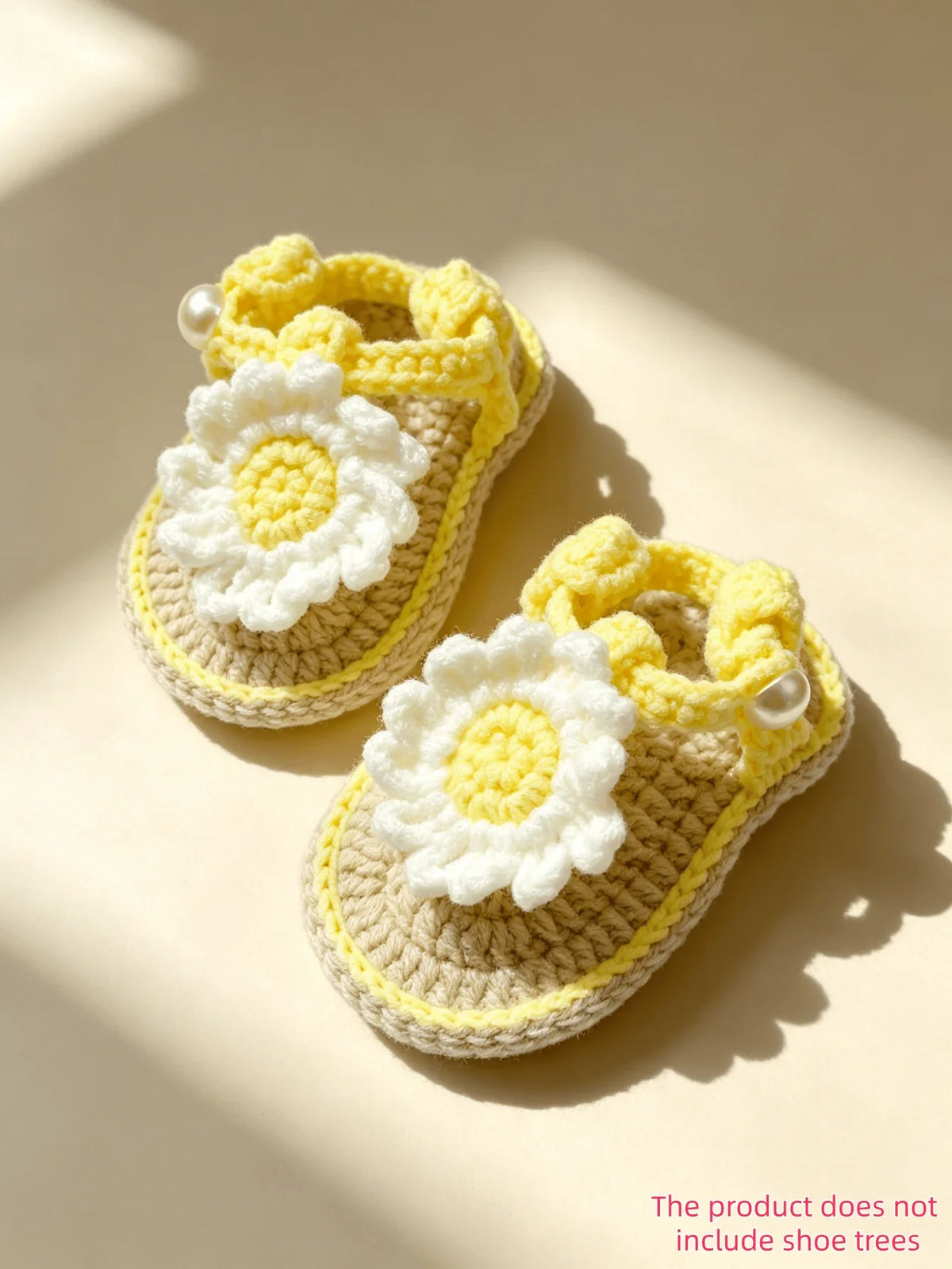 Handmade Crochet Baby Girl Sandals - Pink & Beige Flower Pearl Newborn Booties