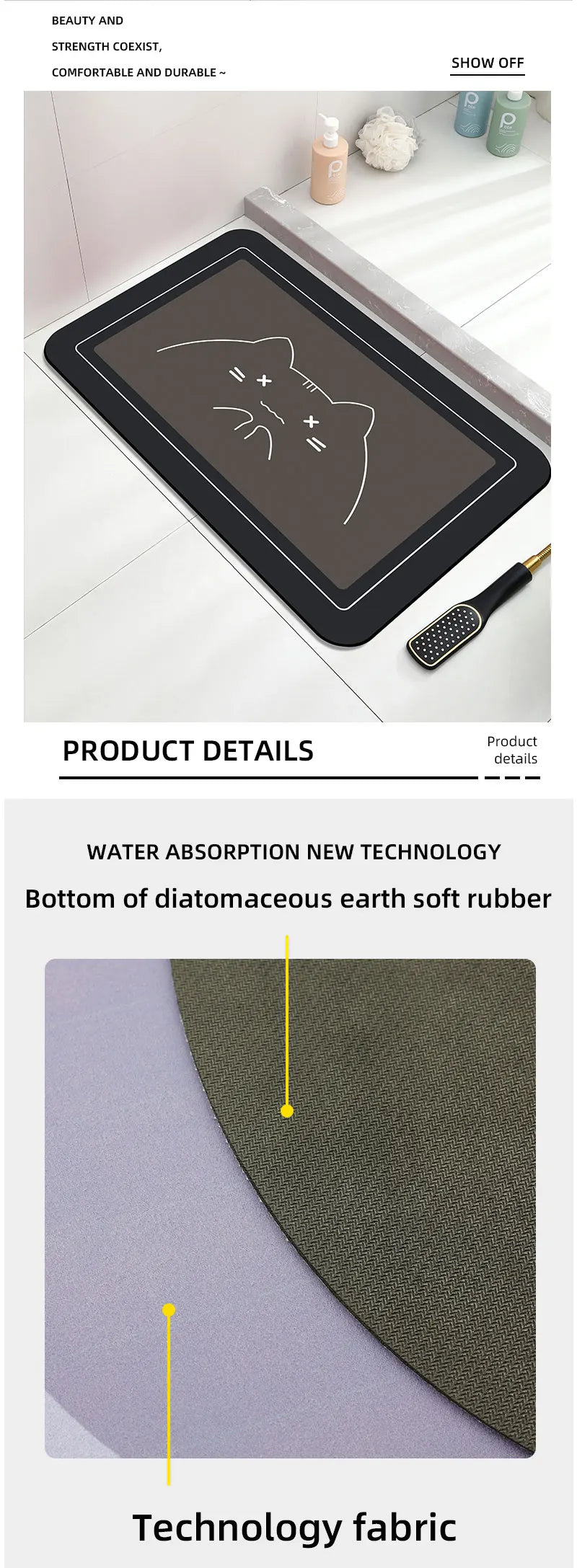 Diatomaceous Earth Bath Mat – Super Absorbent, Fast-Drying, Anti-Slip Rubber Floor Mat for Bathroom, Kitchen & Laundry