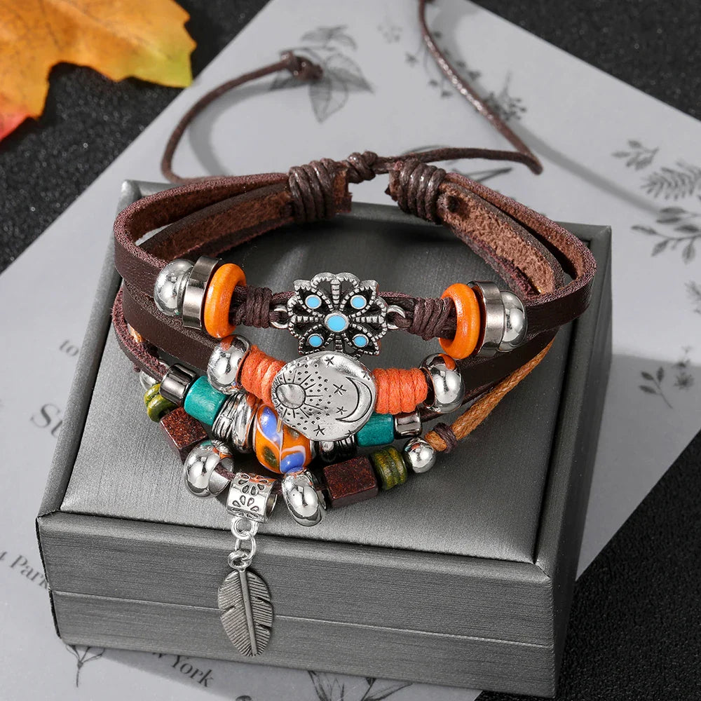 Vintage Gothic Punk Moon & Star Metal Bracelet - Multilayer Leather Bangle for Men, Leaf & Sun Arm Jewelry