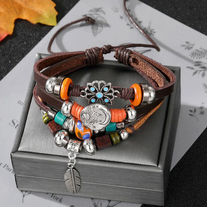 Vintage Gothic Punk Moon & Star Metal Bracelet - Multilayer Leather Bangle for Men, Leaf & Sun Arm Jewelry