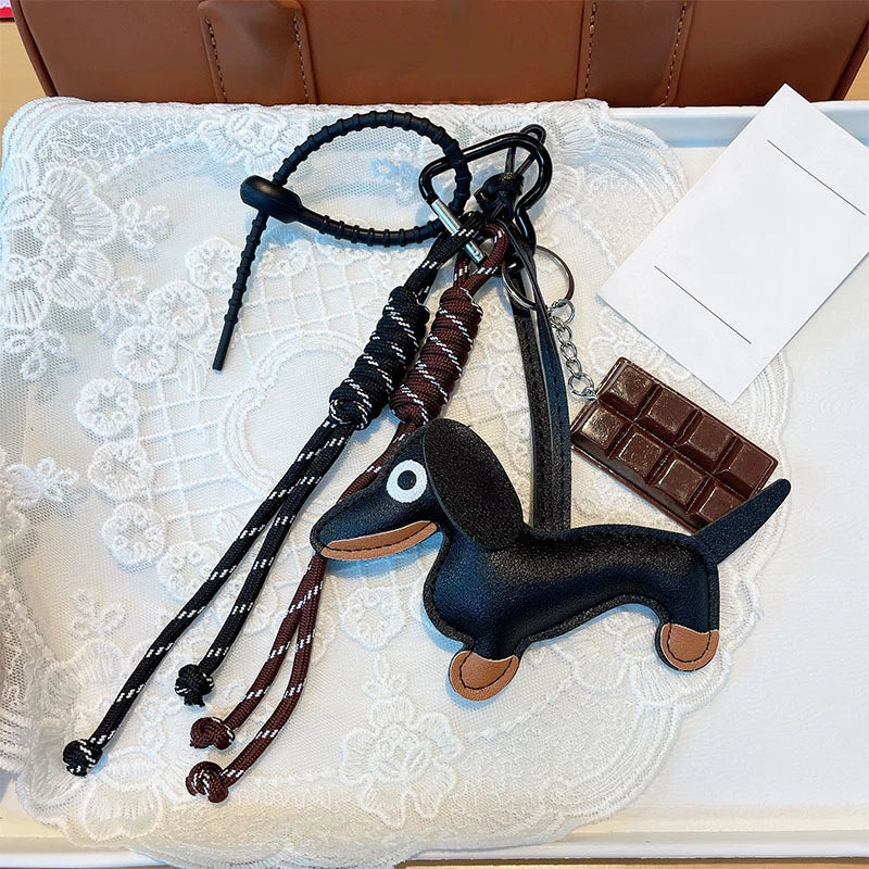 Leather Dachshund Bag Pendant - Creative Dog Keychain & Car Keyring Charm Gift