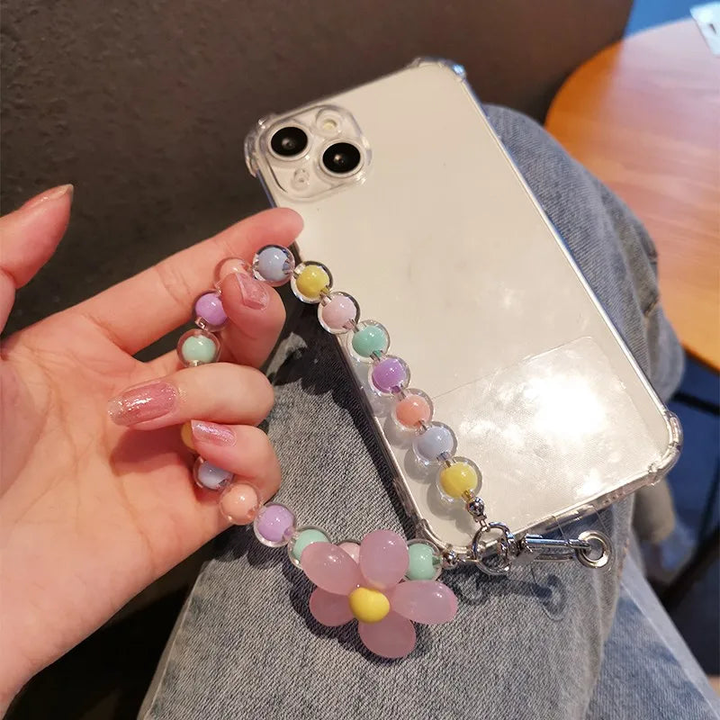 Colorful Macaron Round Bead Phone Anti-Lost Lanyard - Short Wrist Keychain Pendant, Women's Hand-Held Mobile Phone Chain