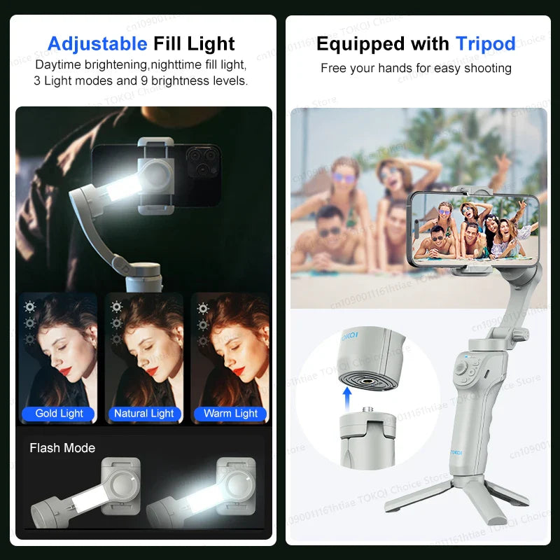 TOKQI M01 3-Axis Handheld Gimbal Stabilizer – Anti-Shake Foldable Holder, Selfie Tripod with Fill Light for iPhone & Smartphones