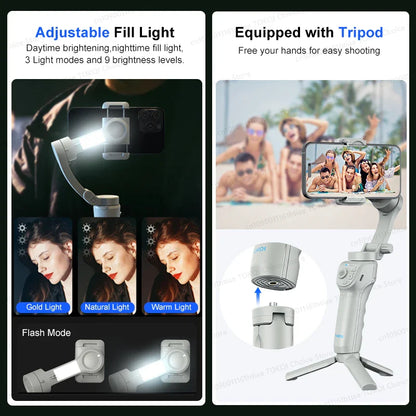 TOKQI M01 3-Axis Handheld Gimbal Stabilizer – Anti-Shake Foldable Holder, Selfie Tripod with Fill Light for iPhone & Smartphones