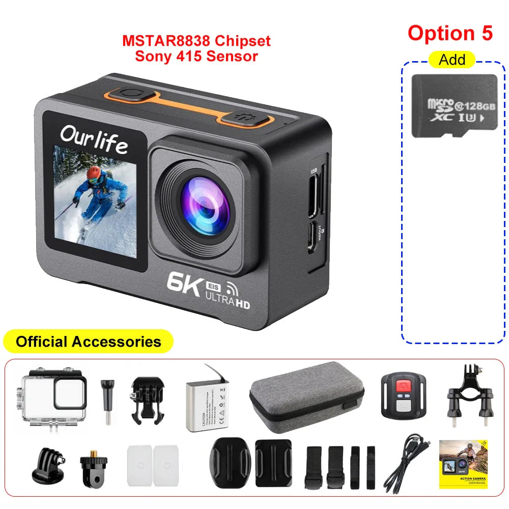 6K 4K60FPS Action Camera – 50MP Dual Screen, 2.0" Touch LCD, EIS, WiFi, 170° Lens, 30M Waterproof, 5X Zoom with Remote