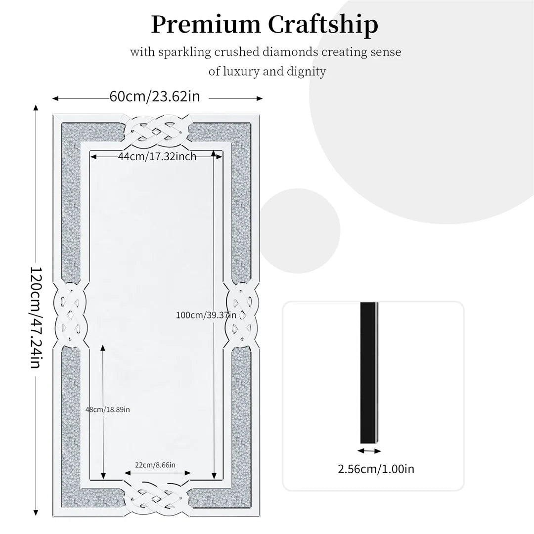 LUVODI Large Full-Body Wall Mirror — Artistic Silver Diamond Crush Bathroom Vanity Mirror