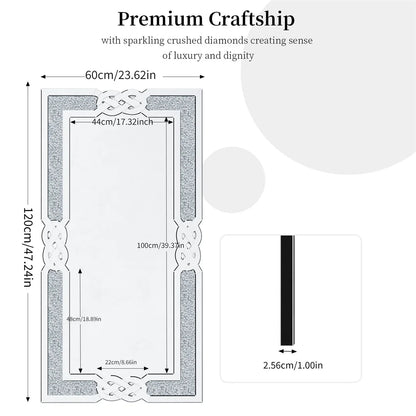 LUVODI Large Full-Body Wall Mirror — Artistic Silver Diamond Crush Bathroom Vanity Mirror