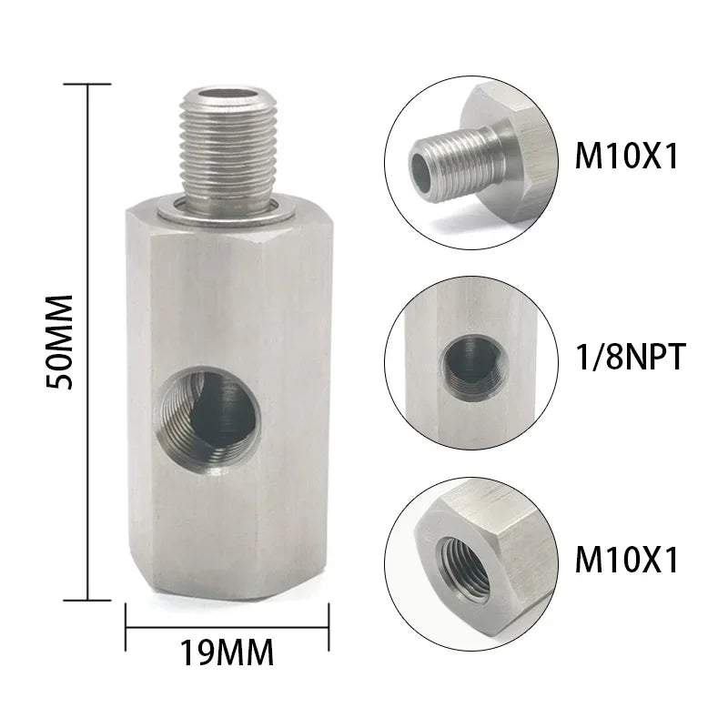 Oil Pressure Sensor Tee Adapter — M10x1.0 to M10x1.0 with 1/8NPT Female Side Holes for Turbo Supply Feed Line Gauge
