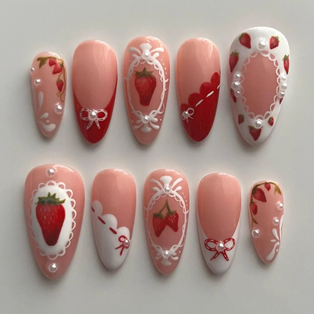 24PCS Strawberry Bow Press On Nails - Red Short Almond Pearl Starlight Floral False Nail Art Tips