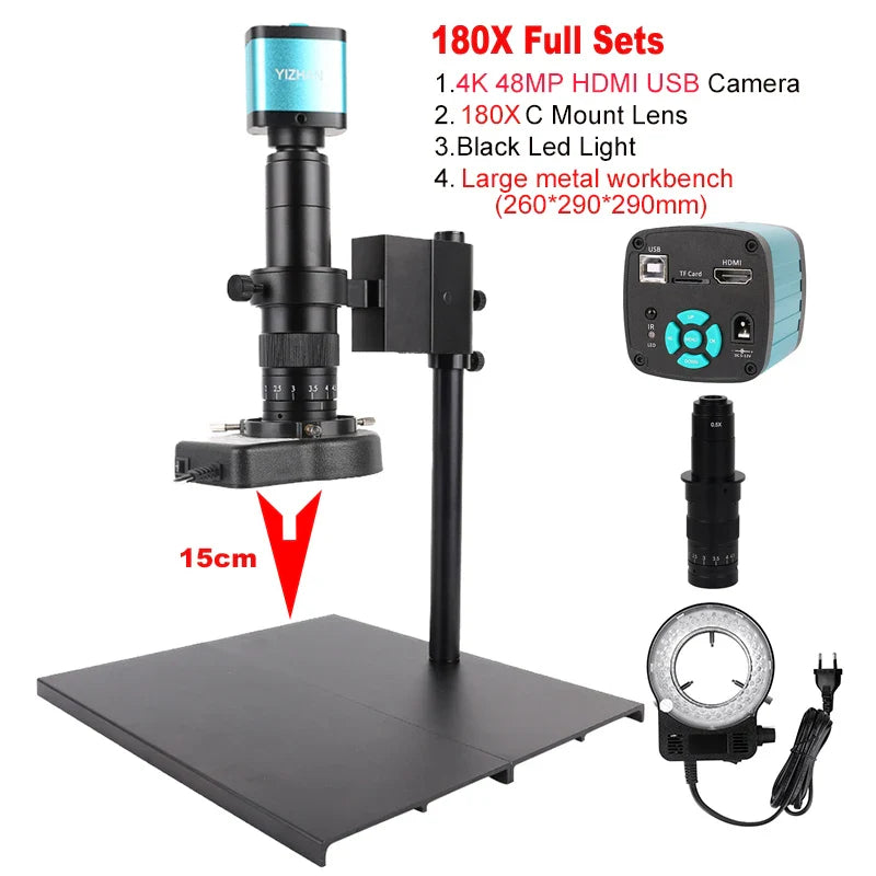 4K 48MP HDMI USB Industrial Microscope Camera – 1-130X/150X/180X Zoom C Lens for Soldering & Repair