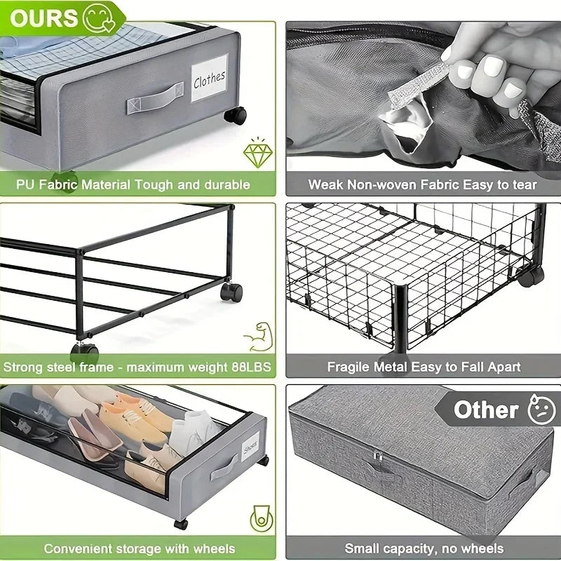 Underbed Storage Lockers with Wheels — Pull-Out Containers for Shoes & Clothes, Space-Saving for Dorms & Bedrooms