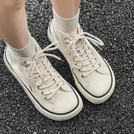 Women’s High-Top Canvas Shoes — Round-Toe, Low-Profile, Breathable Flat Heel Board Shoes for Spring/Summer