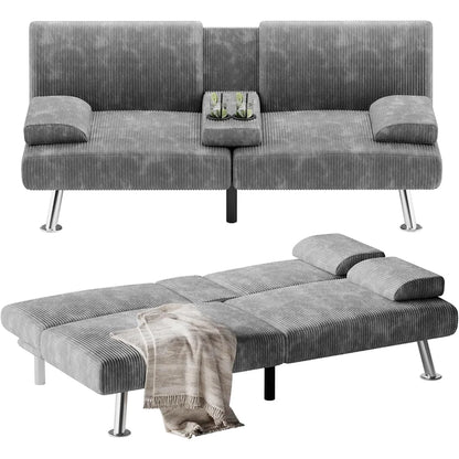 Modern Corduroy Futon Sofa Bed with Cup Holders & Removable Armrests – Folding Recliner Lounge, Green
